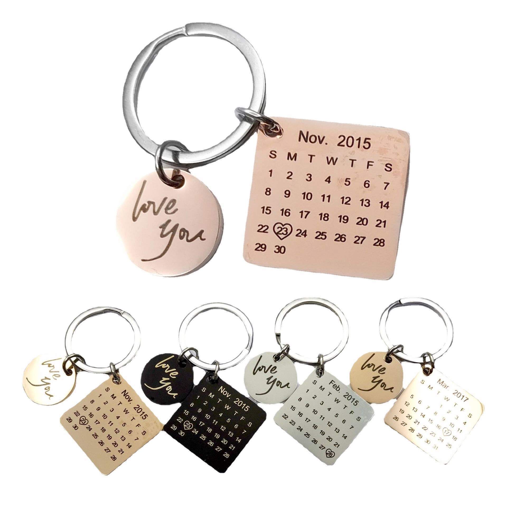 Stainless Steel Round Square Metal Personalized Keyring Engraved Wedding Anniversary Date Custom Calendar Keychain Couples gifts