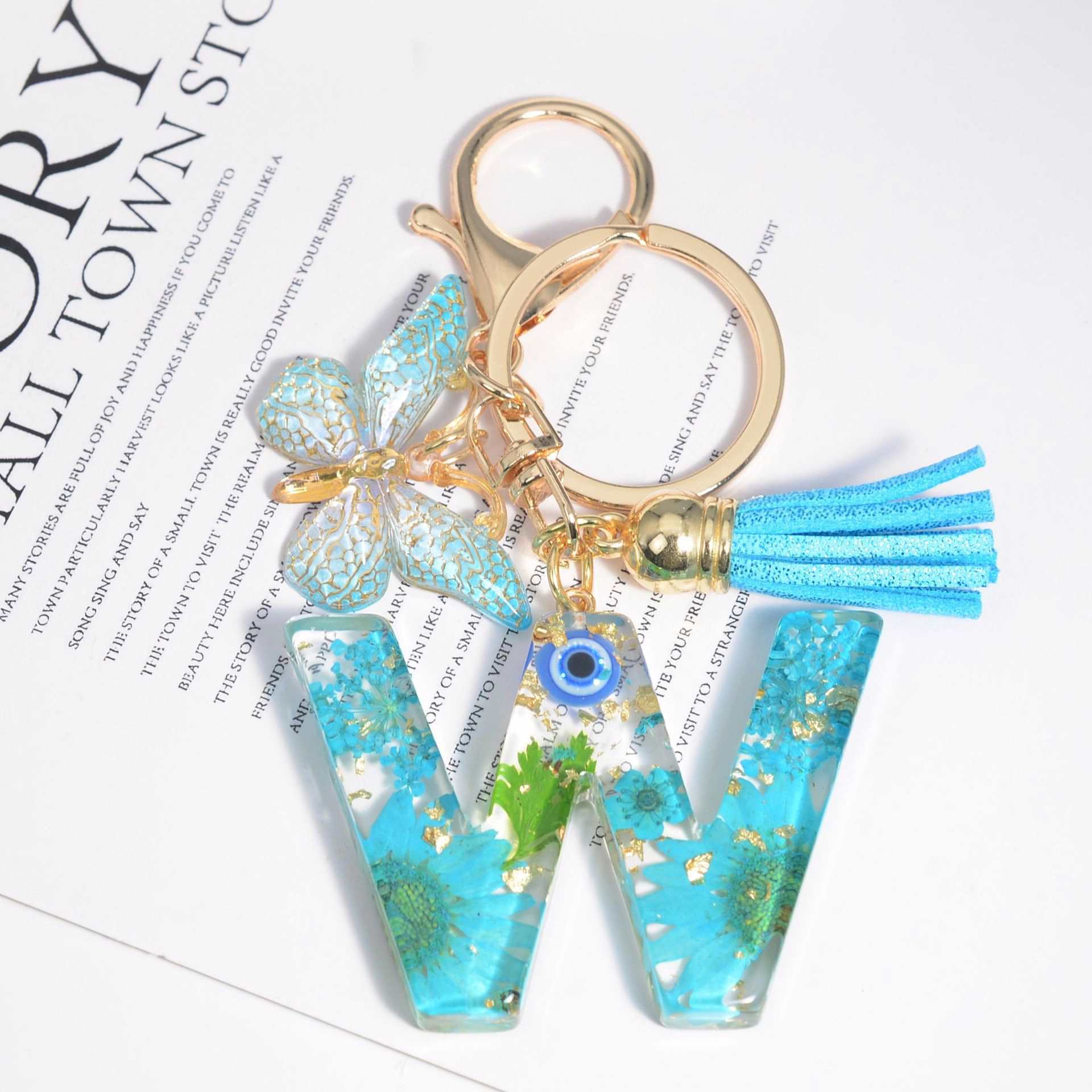 Epoxy Resin letter keychain Tassel Daisy Dried Flower Acrylic Butterfly Turkey Blue evil eye Key chains Gift Cute Girly Keychain