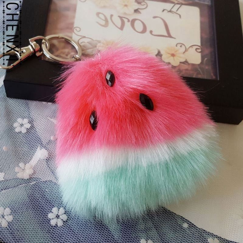 Mini watermelon Pom Pom Keychain watermelon Fluffy Puff Ball Key chains Cartoon fruit watermelon Plush Ball key rings bag charms