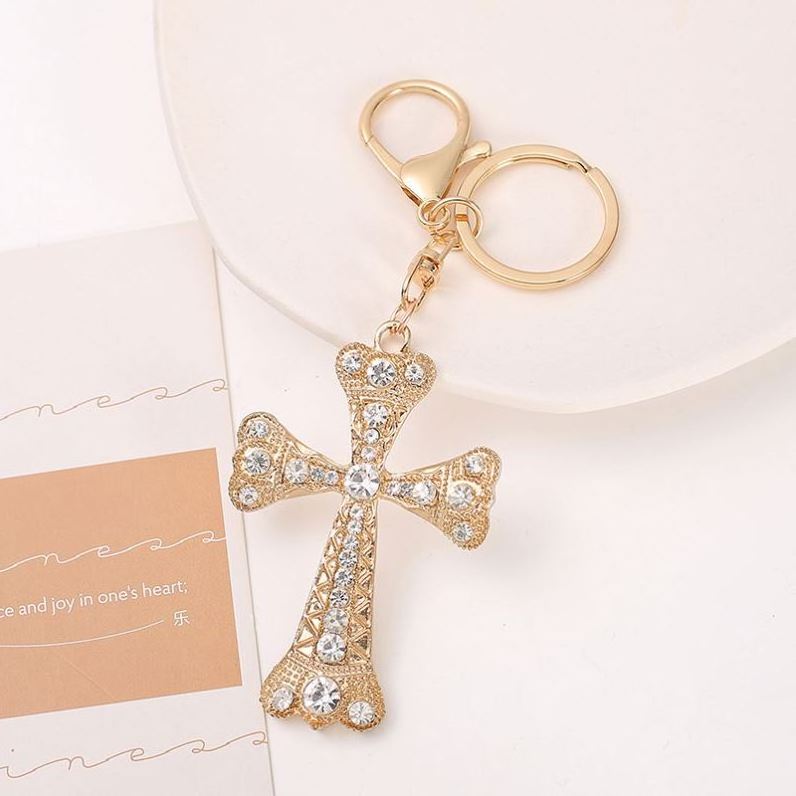 Fashion Luxury Corss Rhinestones Metal Key chain Crucifix Gold Car Key Cross Diamond Pendant Keychain Bling Charm Jesus Keychain