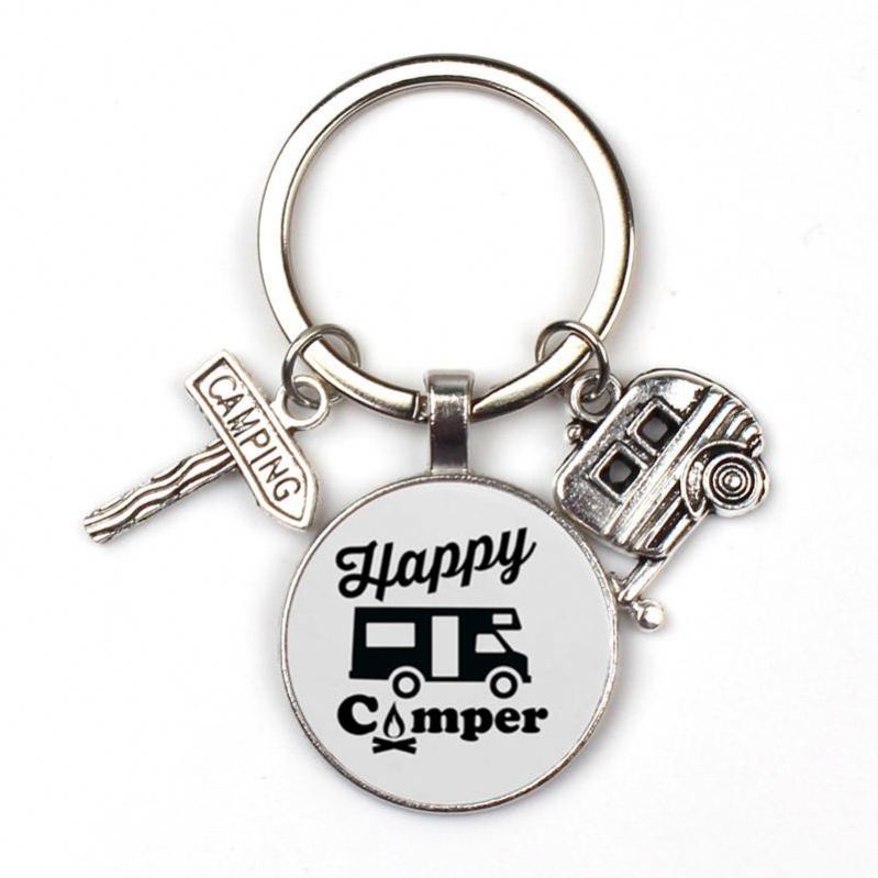 Promotion fashion Retro Camper keychain Happy RV Couples key chain Camping Gifts for Women Teenager Camper Lover Travel Trailers