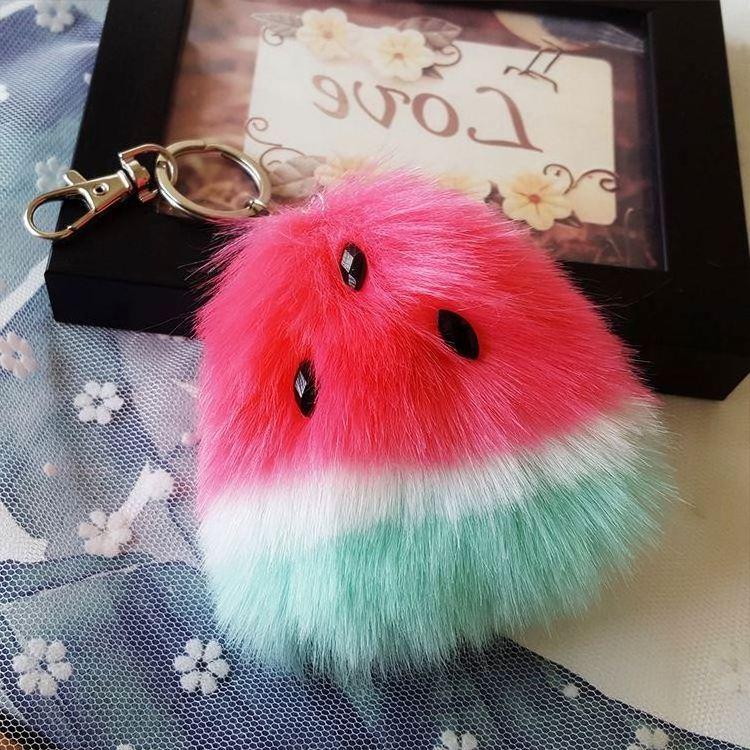 Mini watermelon Pom Pom Keychain watermelon Fluffy Puff Ball Key chains Cartoon fruit watermelon Plush Ball key rings bag charms