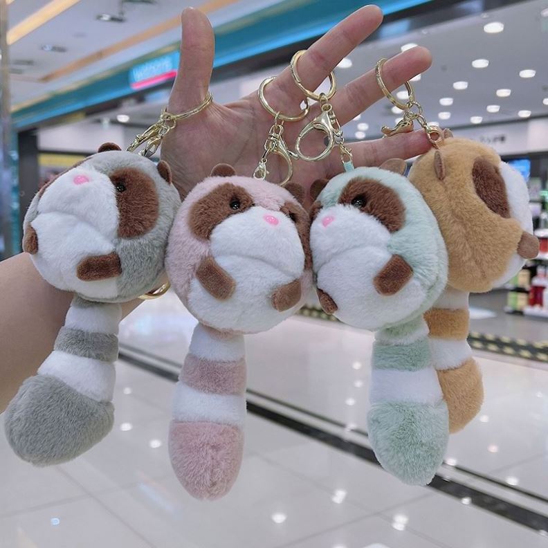 promotion kids kawaii cute cartoon car key chains toy keyrings Odd tailed bear Little raccoon Plush keychain Stuffed animal toys