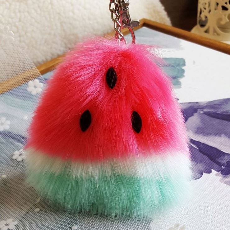 Mini watermelon Pom Pom Keychain watermelon Fluffy Puff Ball Key chains Cartoon fruit watermelon Plush Ball key rings bag charms