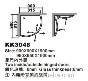 Kmry Corner Shower Cubicles/Arc-shape Outward /Inward Pivot Curved Glass Corner Sliding Door(KK3048)