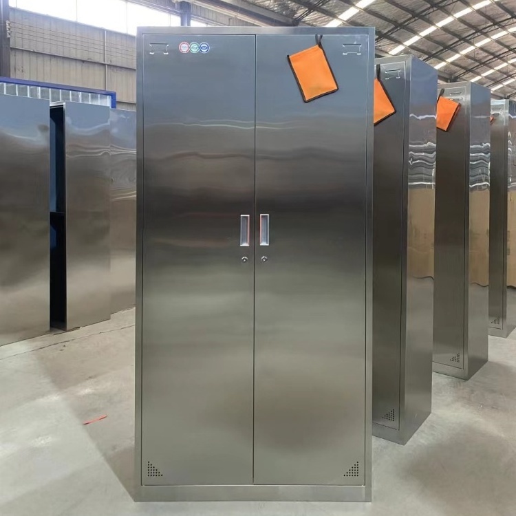 factory direct sale 2 doors locker storage cabinet with cloth hanging and mirror metal wardrobe 900mm stainless steel