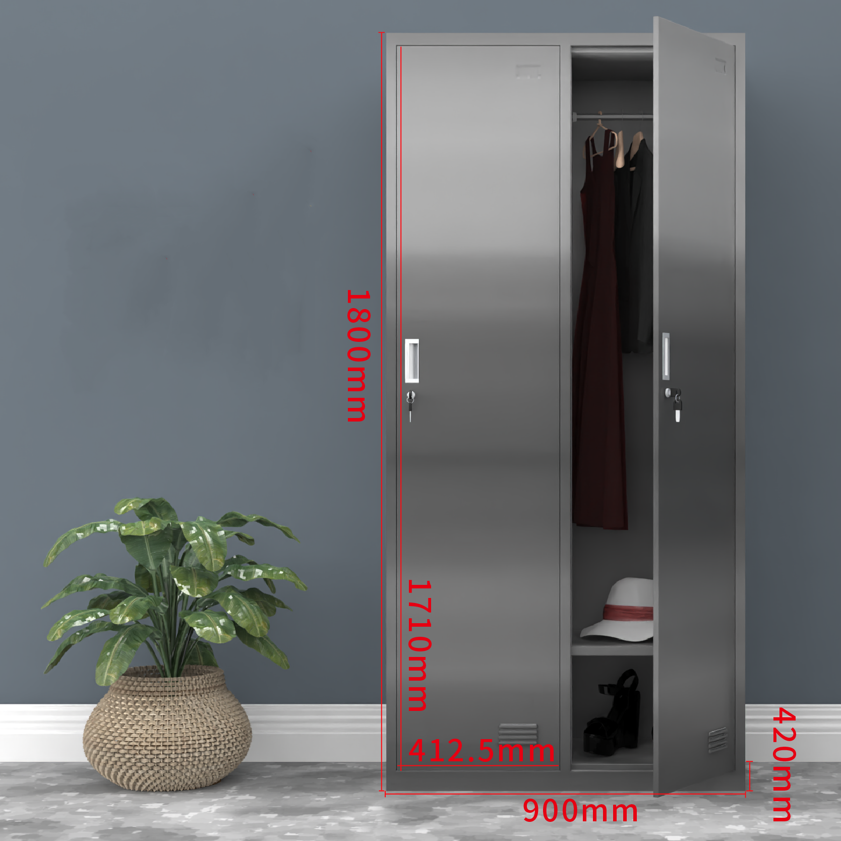 factory direct sale 2 doors locker storage cabinet with cloth hanging and mirror metal wardrobe 900mm stainless steel