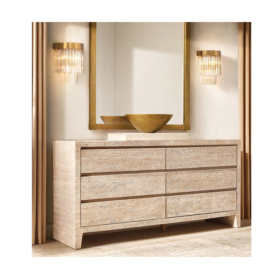 Living Room Side Cabinet Hotel Villa Cabinet Natural Marble Light Luxury Bedroom Nightstand Travertine