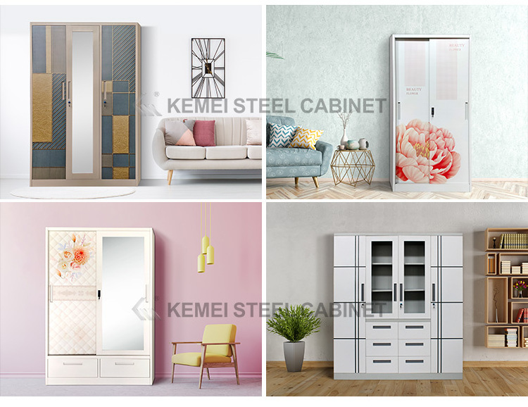 Manufacturer Direct Sale Modern Design steel printed sliding wardrobe metal lemari pakaian geser baja dicetak