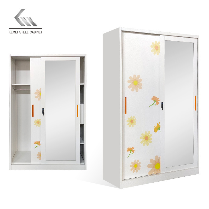 Multi-functional Indian wardrobe Lemari Sliding Door Metal Wardrobe closet With Mirror