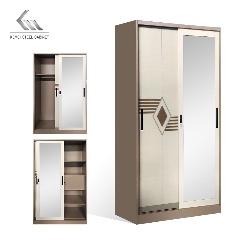 Multi-functional Indian wardrobe Lemari Sliding Door Metal Wardrobe closet With Mirror