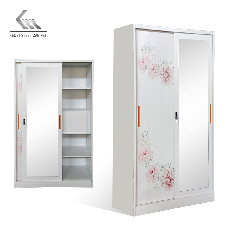 Multi-functional Indian wardrobe Lemari Sliding Door Metal Wardrobe closet With Mirror