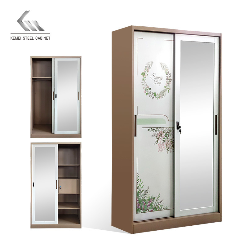 Multi-functional Indian wardrobe Lemari Sliding Door Metal Wardrobe closet With Mirror