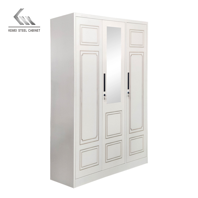 Cupboard Home Bedroom Furniture Steel Almirah Metal Imprint Cabinet 3 Door Wardrobe With Mirror