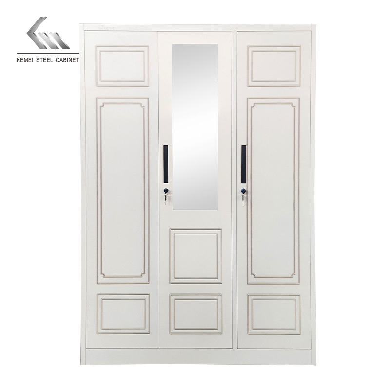 Cupboard Home Bedroom Furniture Steel Almirah Metal Imprint Cabinet 3 Door Wardrobe With Mirror