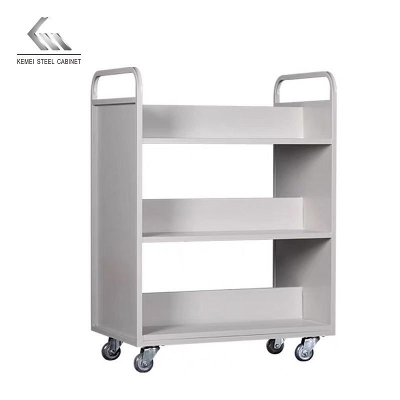 W Shape Metal Double Sided Book Cart On Wheels 3 Tier Library Literature Book Return Mobile Trolley Office Document Trolley