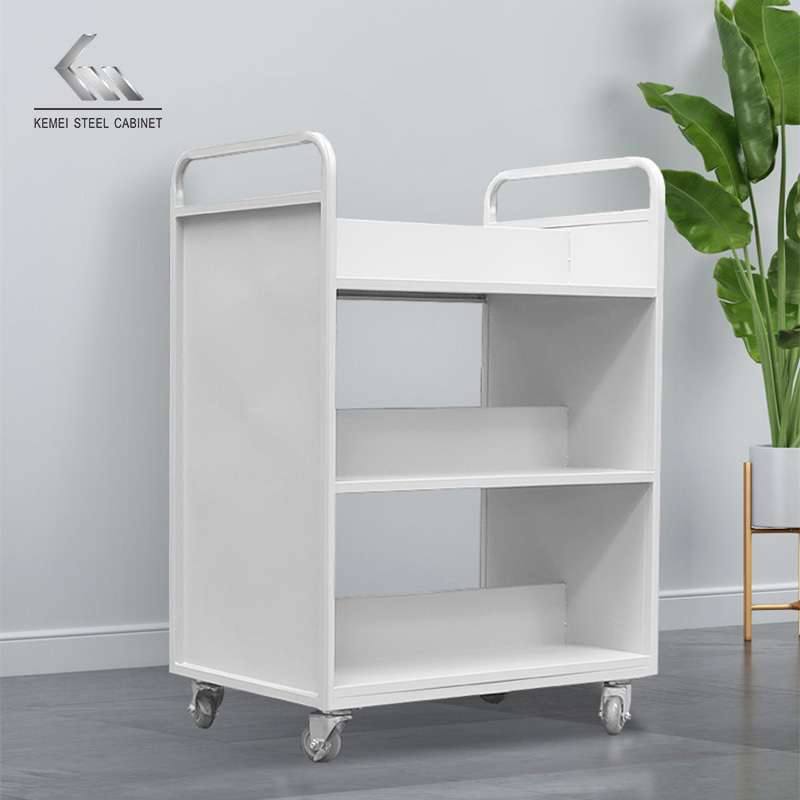 W Shape Metal Double Sided Book Cart On Wheels 3 Tier Library Literature Book Return Mobile Trolley Office Document Trolley