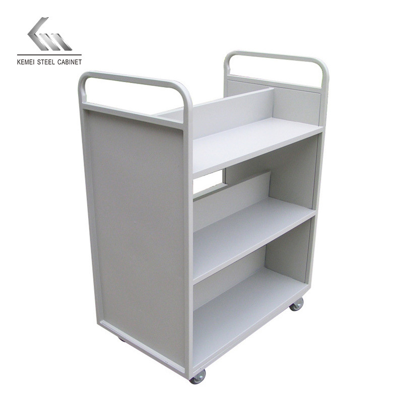 W Shape Metal Double Sided Book Cart On Wheels 3 Tier Library Literature Book Return Mobile Trolley Office Document Trolley