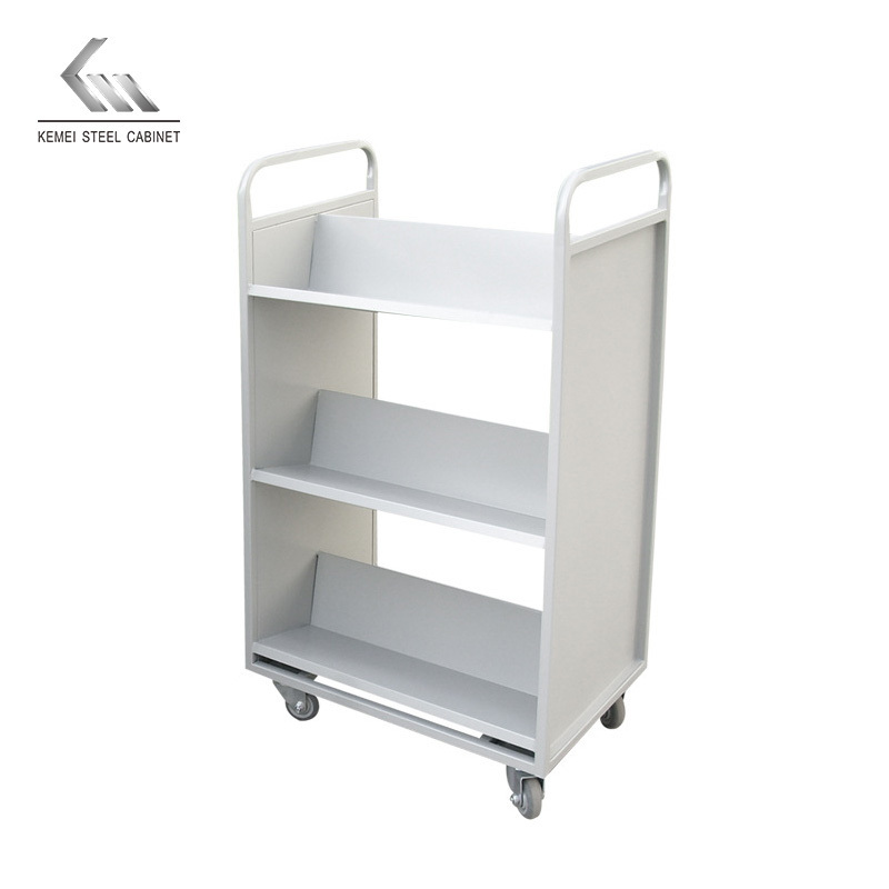 W Shape Metal Double Sided Book Cart On Wheels 3 Tier Library Literature Book Return Mobile Trolley Office Document Trolley