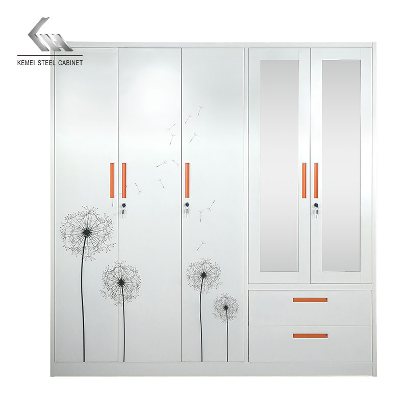 Customized Steel wardrobe Lemari 5 Door Metal Wardrobe closet With Mirror