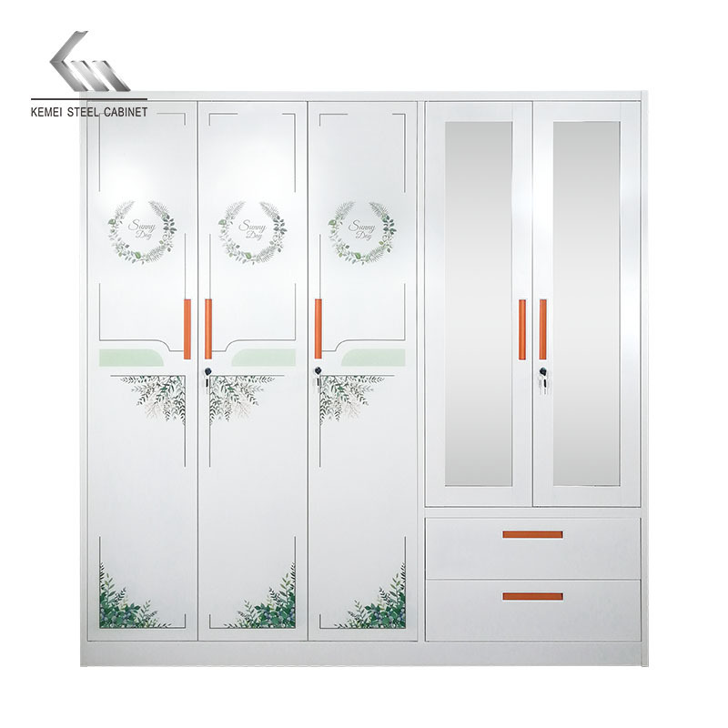 Customized Steel wardrobe Lemari 5 Door Metal Wardrobe closet With Mirror