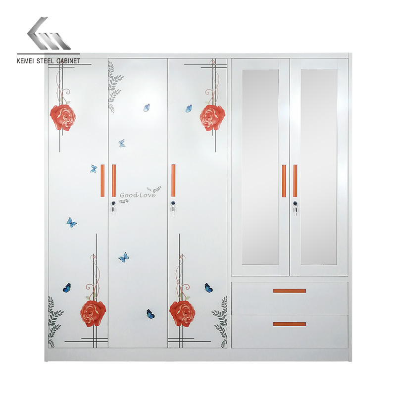 Customized Steel wardrobe Lemari 5 Door Metal Wardrobe closet With Mirror