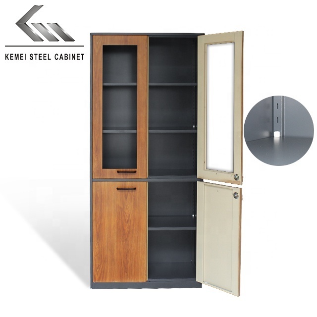 modern style wooden colour steel file amoires cabinet with 2 upper glass door filing storage metal cupboard