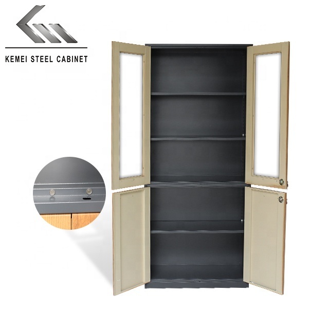 modern style wooden colour steel file amoires cabinet with 2 upper glass door filing storage metal cupboard