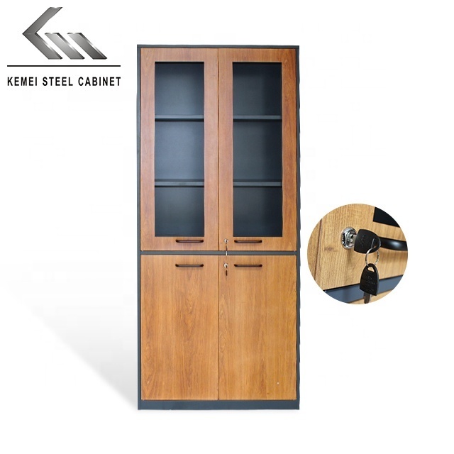 modern style wooden colour steel file amoires cabinet with 2 upper glass door filing storage metal cupboard