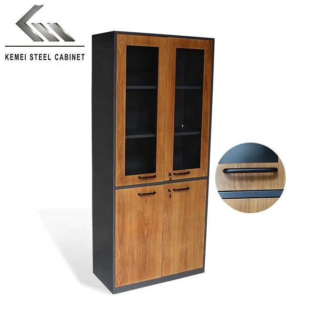 modern style wooden colour steel file amoires cabinet with 2 upper glass door filing storage metal cupboard