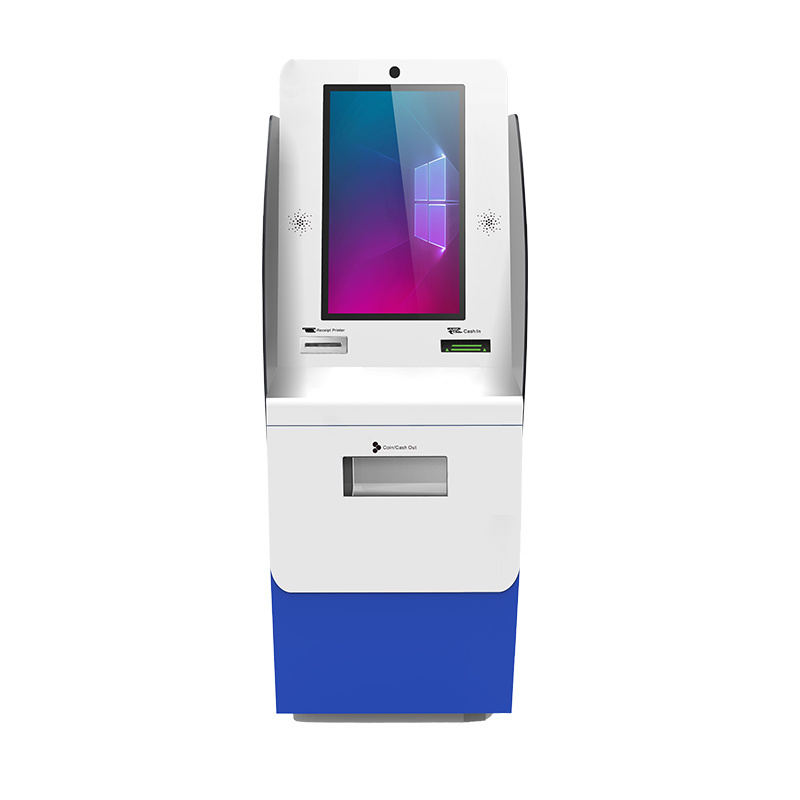 Self service banking touch screen currency exchange payment kiosk with cash acceptor and cash dispenser