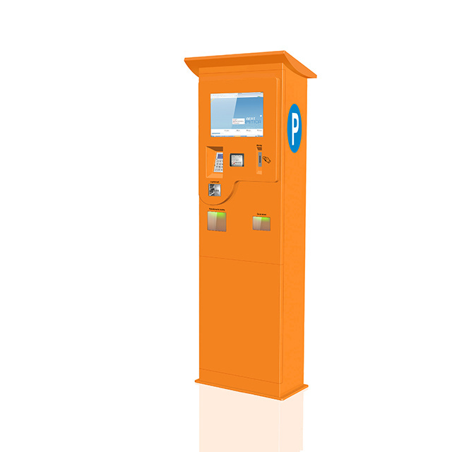 Touch screen parking self service payment kiosk with cash acceptor and coin dispenser