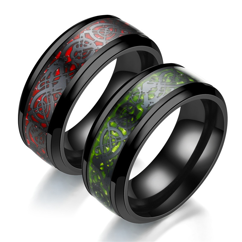 8MM Stainless Steel Tungsten Finger Rings Male Silver Red Dragon Green Blue Pattern Carbon Fiber Titanium Steel Ring for Men