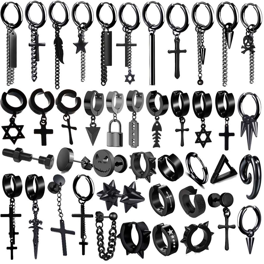 Wholesale Stainless Steel Ear Stud Chain Ear Clip Dangle Piercing Jewelry Punk Cross Black Earrings For Men Women