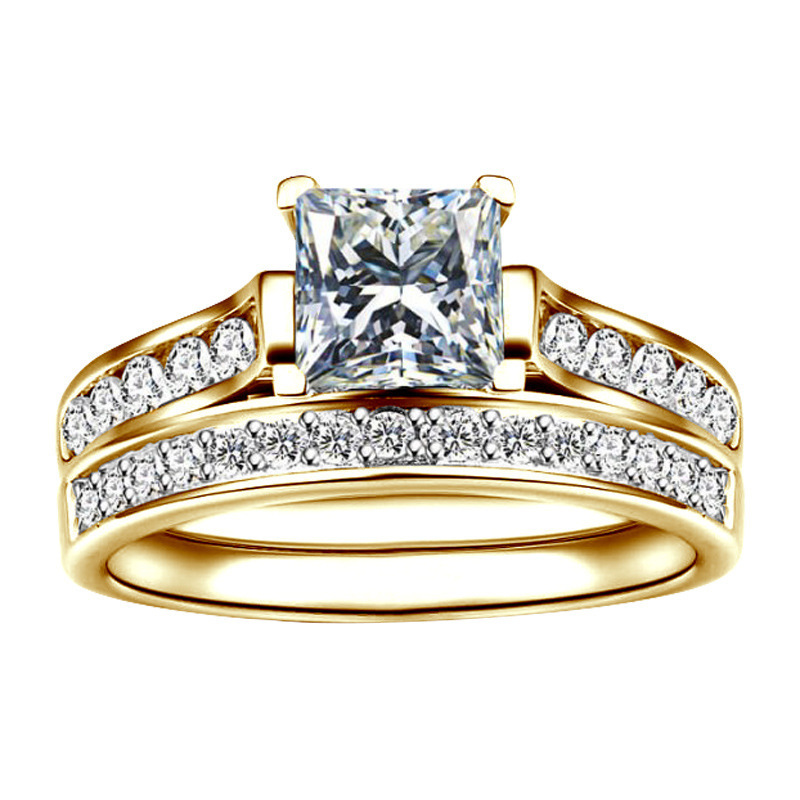 2pcs 18k Gold Plate Crystal Square Cubic Zirconia Wedding Rings Dragon Design Stainless Steel Couple Ring set