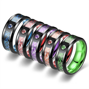 8MM Stainless Steel Tungsten Finger Rings Male Silver Red Dragon Green Blue Pattern Carbon Fiber Titanium Steel Ring for Men