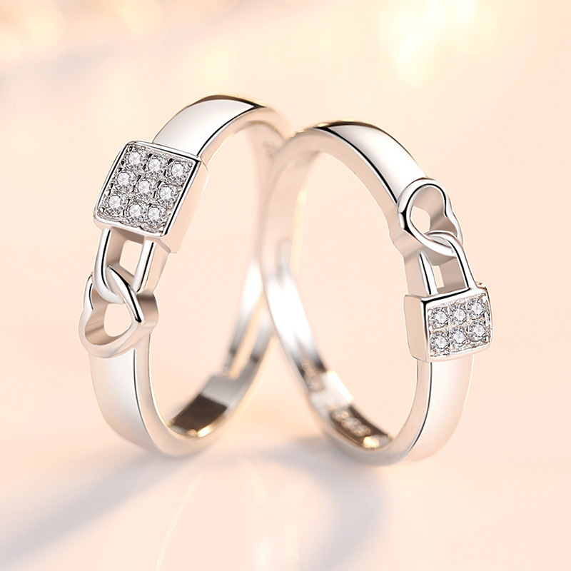 Silver Plated Lock Heart Finger Rings Square Heart Crystal Diamond Ring Romantic Heart Couple Lover Rings