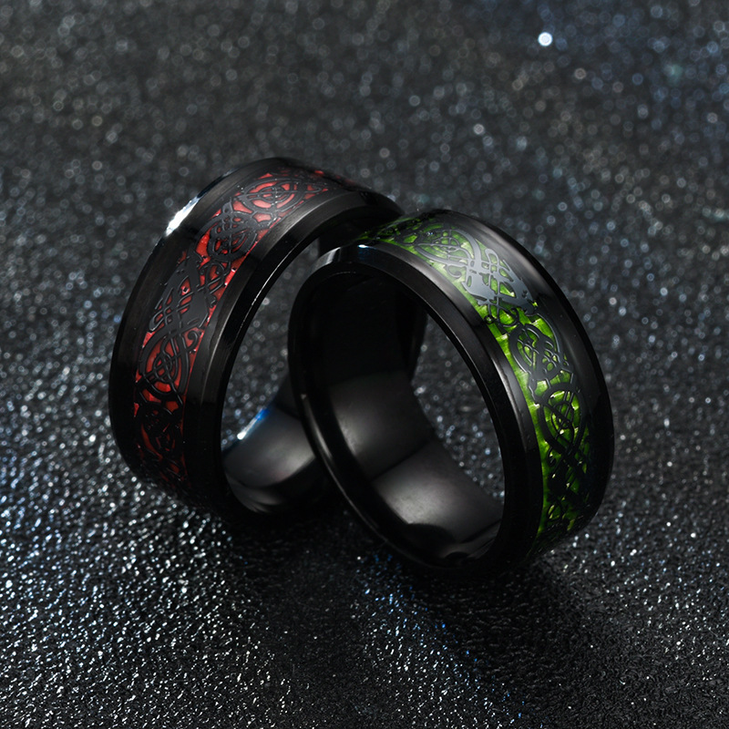 8MM Stainless Steel Tungsten Finger Rings Male Silver Red Dragon Green Blue Pattern Carbon Fiber Titanium Steel Ring for Men