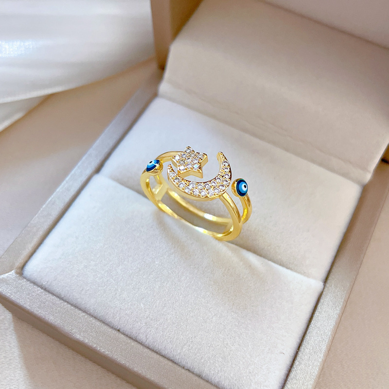 Anillo De Acero Inoxidable Open Gold Turkish Blue Evil Eyes Ring Bling Rhinestone Crystal Star Moon Finger Ring For Women