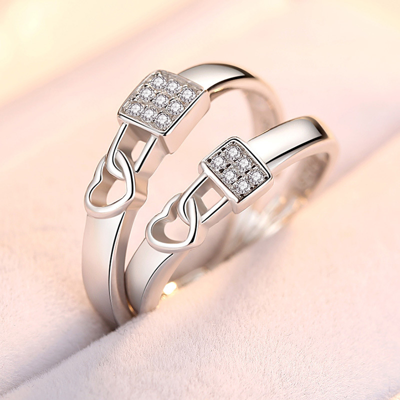 Silver Plated Lock Heart Finger Rings Square Heart Crystal Diamond Ring Romantic Heart Couple Lover Rings