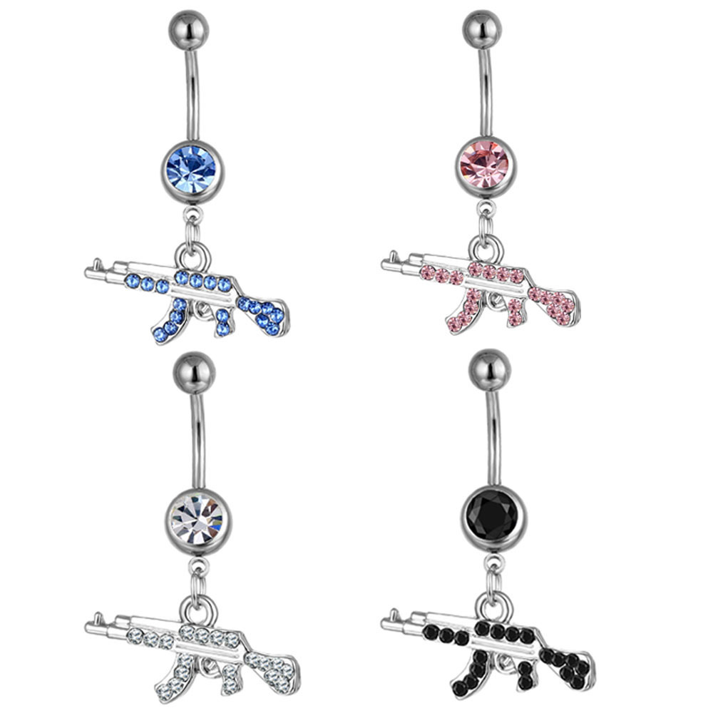 Europe America Trend Stainless Steel Belly Piercing Rings Fashion AK Gun Shape Zircon Navel Belly Button Ring Dangle Women