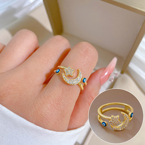 Anillo De Acero Inoxidable Open Gold Turkish Blue Evil Eyes Ring Bling Rhinestone Crystal Star Moon Finger Ring For Women