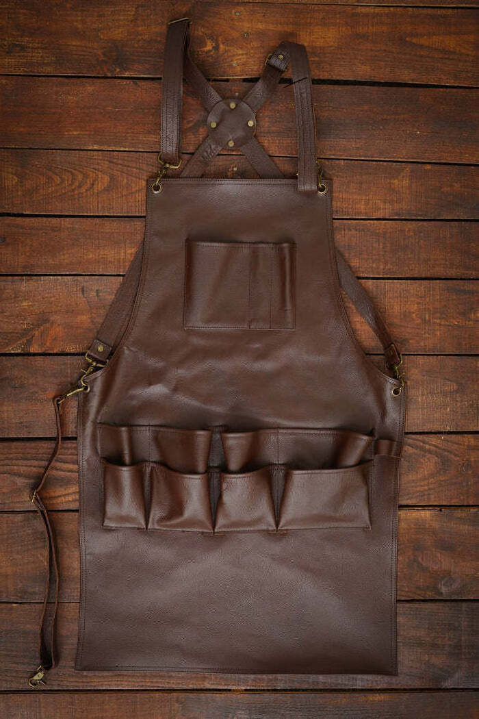 Handcrafted Men's Leather Work Apron With Multiple Tools Pocket Heavy Duty Cross back Adjustable Straps