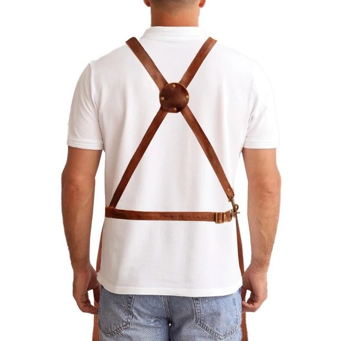 Handcrafted Men's Leather Work Apron With Multiple Tools Pocket Heavy Duty Cross back Adjustable Straps