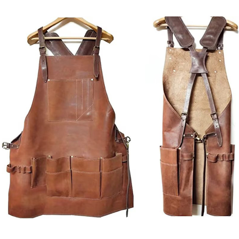 Handcrafted Men's Leather Work Apron With Multiple Tools Pocket Heavy Duty Cross back Adjustable Straps