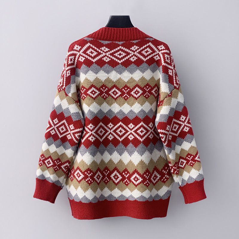 Color blockiing diamond  loose outdoor jacquard coat Christmas sweater cardigan for women