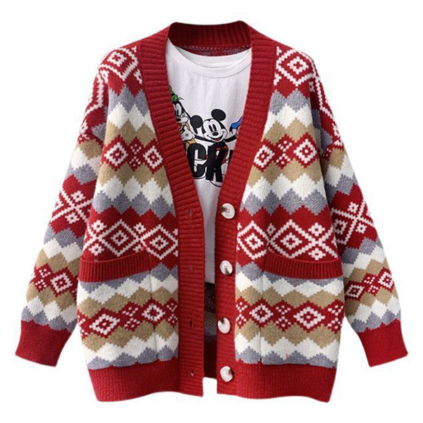 Color blockiing diamond  loose outdoor jacquard coat Christmas sweater cardigan for women