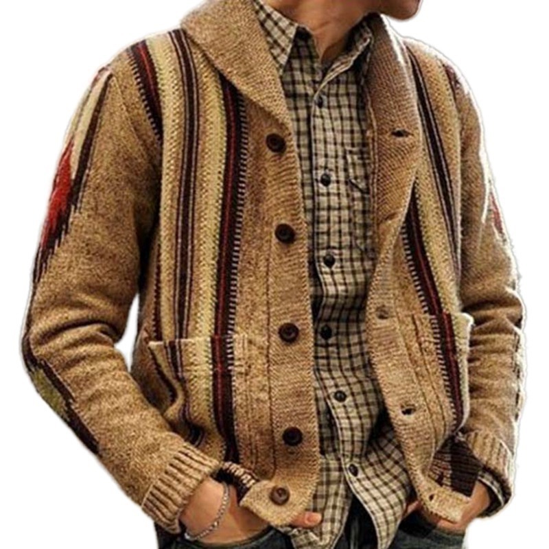 Amazon Fall man winter knit jacket lapel neck classic jacquard Christmas men cardigan