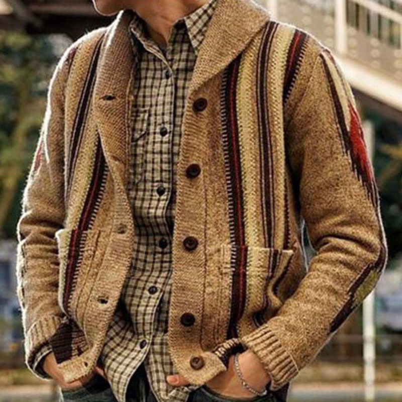 Amazon Fall man winter knit jacket lapel neck classic jacquard Christmas men cardigan