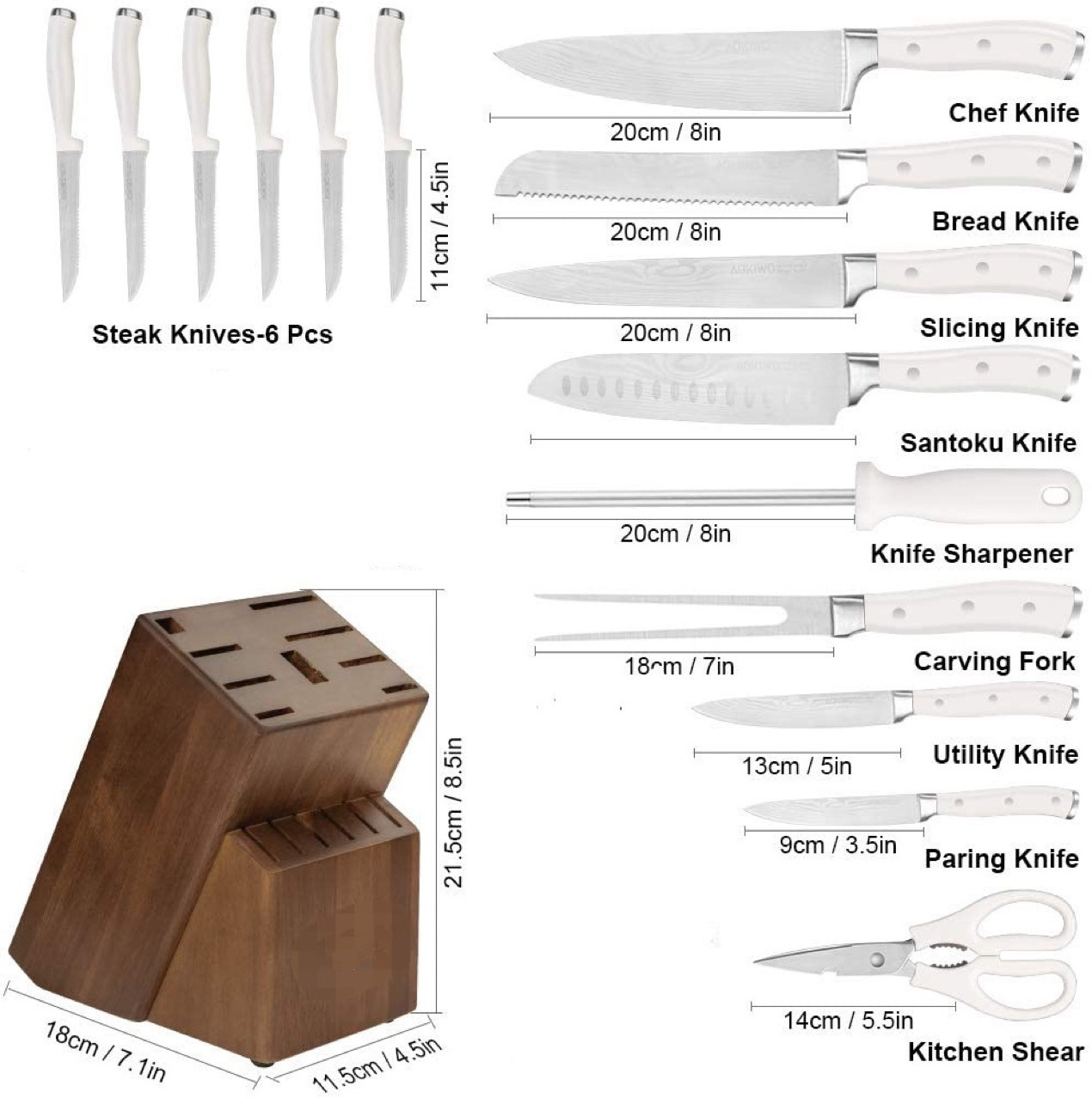 16pcs Custom logo german chef high carbon stainless steel kitchen knives set with wooden block and sharpener